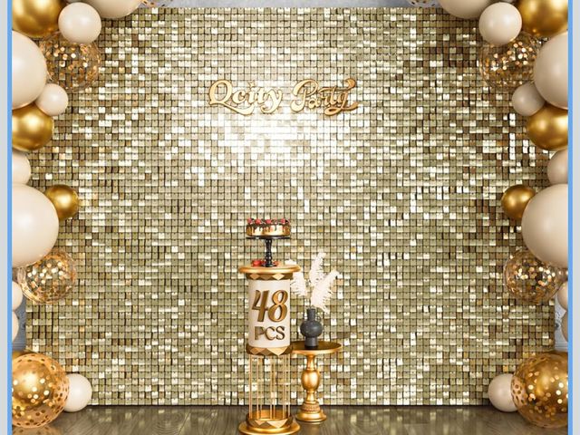 Lot 96-171058 - Qcity Light Gold Shimmer Wall Backdrop 48PCS, Black Back Not See-Through Design, Square Sequin Glitt...