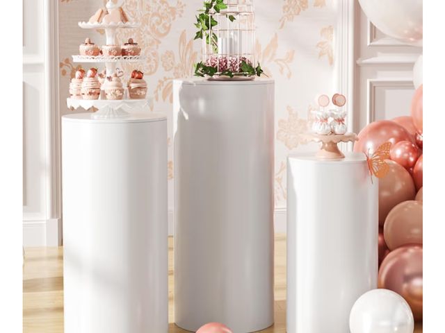 Lot 96-211558 - White Cylinder Pedestal Stands for Party- 3 Pieces, Large White Cake Stand, Pedestal Display Plinth ...