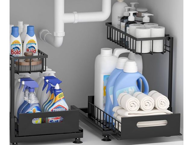 Lot 96-170552 - 2 Pack Under Sink Organizer Storage 2-Tier Premium Metal Pull-Out Racks, Height Adjustable, Easy Ins...