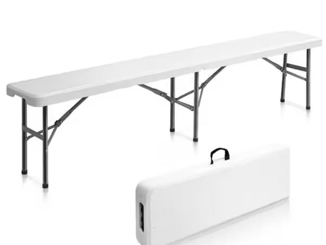 Lot 96-162831 - 6 ft. Plastic White Folding Bench, Portable in Outdoor Picnic Party Camping, Garden Soccer Entertain...
