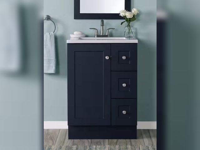 Lot 96-211100 - Glacier Bay Bannister 25 in. Single Sink Deep Blue Bath Vanity with Granite-Look Colorpoint White Cu...