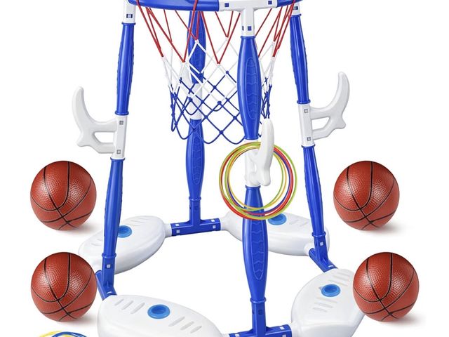Lot 96-230487 - Pool Basketball Hoop, 2-in-1 Floating Basketball Hoop &amp; Ring Games with 4 Balls 12 Rings and Pum...