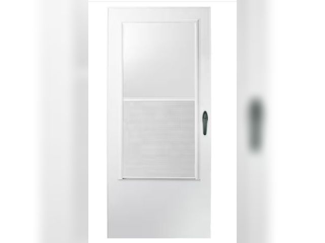Lot 96-162216 - EMCO
32 in. x 78 in. White Universal 3/4-Light Aluminum Storm Door with Black Hardware

MSRP $180

N...