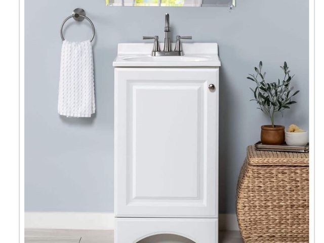 Lot 96-166880 - Glacier Bay 19 in. Single Sink White Bath Vanity with White Cultured Marble Top (Assembled) MSRP $12...