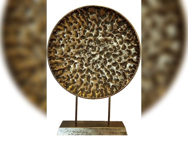 Lot 96-176421 - Modernist Table Top Sculpture, Abstract Round, Textured Disc, Gold, Dark Patina, Post Mounted, Galle...