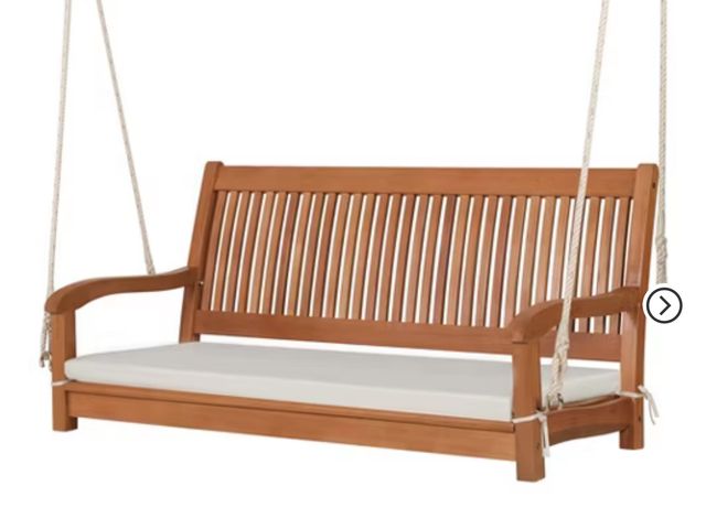 Lot 96-192280 - Costway 2-Person Hanging Porch Swing Wood Bench with Cushion Curved Back Outdoor Natural May vary sl...