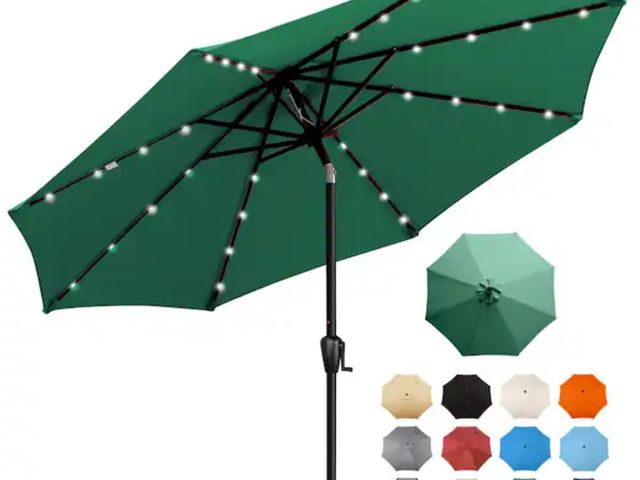 Lot 96-232749 - Sun-Ray 9 ft. Steel Market Solar Lighted 8-Rib Round Patio Umbrella in Emerald Green New