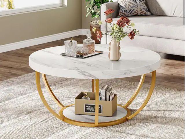 Lot 96-189057 - BYBLIGHT
Allan 31.7 in. White Faux Marble Round Wood Coffee Table with Storage Shelf, Modern Center ...