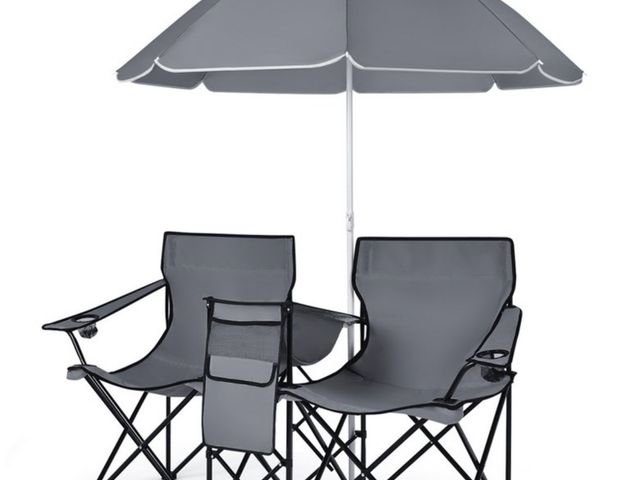 Lot 96-227648 - Portable Double Camping Chair with Removable Umbrella and Cooler Bag New