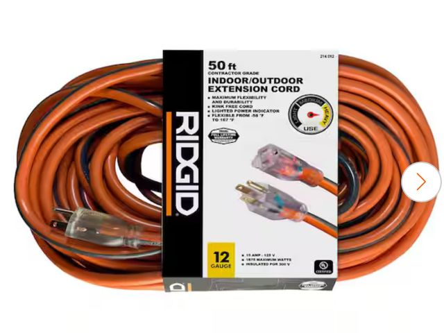 Lot 96-164809 - RIDGID 50 ft. 12/3 Heavy Duty Indoor/Outdoor Extension Cord with Lighted End, Orange/Grey Unused