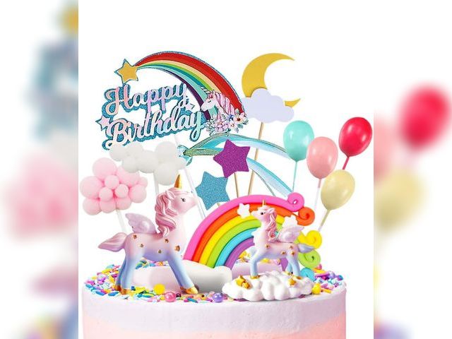 Lot 96-190650 - MOVINPE Unicorn Cake Topper, 2 Magic Unicorns Sculpture, 1 Rainbow, 1 Happy Birthday Banner, 2 Cloud...