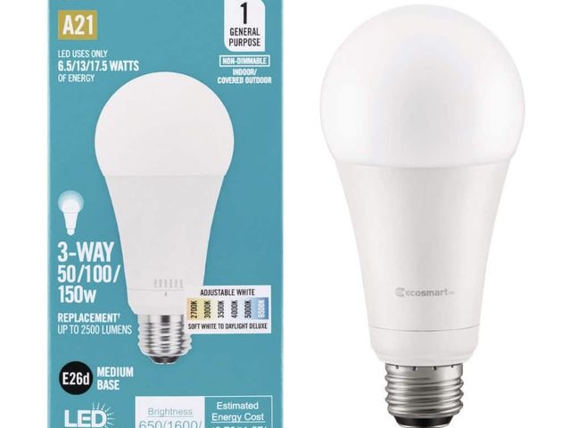 Lot 96-192619 - EcoSmart
50/100/150-Watt Equivalent 3-
Way A21 Non-Dimmable LED
Light Bulb Selectable Color
Temperat...
