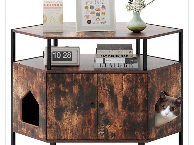 Lot 96-192171 - Costway Rustic Brown Corner Cat Litter Box Enclosure with Open Shelf New MSRP $99