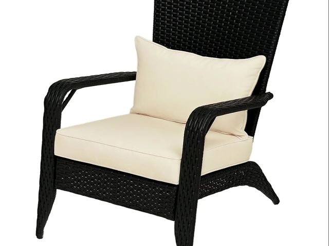 Lot 96-160377 - Outsunny Patio Wicker Adirondack Chair, Outdoor Rattan Fire Pit Chairs w/ Soft Cushions, Tall Backre...