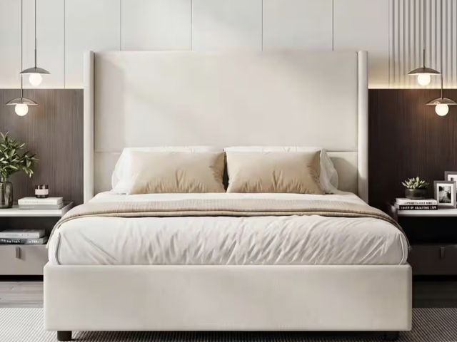 Lot 96-232367 - WEUP Queen Size Platform Upholstered Bed Frame with 55.5" Tall Headboard,Wooden Slat Support,No Box ...