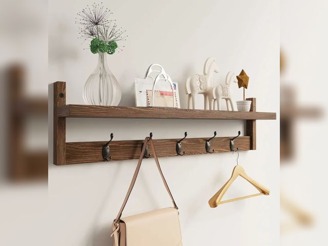 Lot 96-170160 - AMBIRD 28.9 Inch Length Shelf with Hooks Entryway Coat Rack Wall Mount Wood Coat Hooks with Shelf Wa...