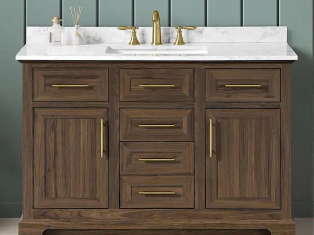 Lot 96-232564 - Home Decorators Collection Doveton 48 in. Single Sink Freestanding Dark Walnut Bath Vanity with Whit...