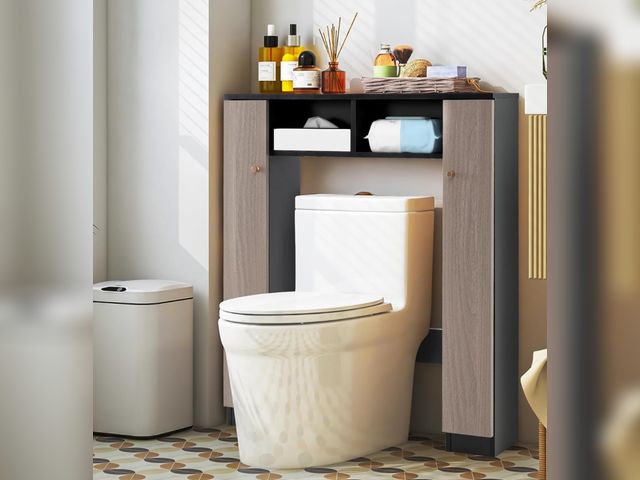 Lot 96-197736 - Giantex Short Over The Toilet Storage Cabinet, Bathroom Organizer w/2 Open Compartments &amp; 4 Adju...