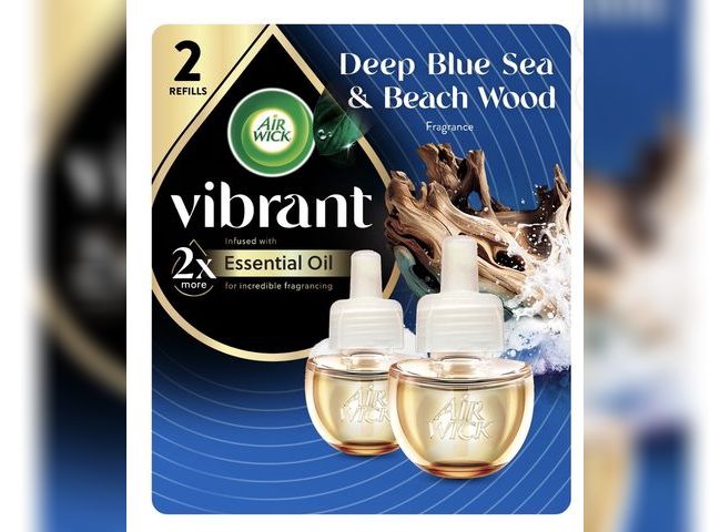 Lot 96-182361 - Air Wick Vibrant Plug-In Scented Oil Air Freshener Warmer Refills, Deep Blue Sea and Beach Wood, 2 C...