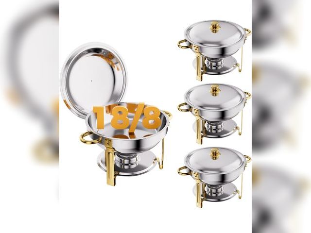 Lot 96-175743 - Gold 4 Pack Chafing Dishes for Buffet, 18/8 (304) Stainless Steel Food Pan with Lid, 6QT Round Chafi...