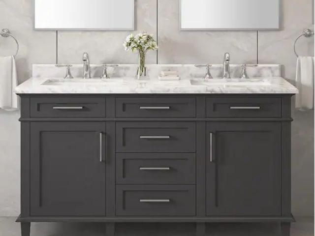 Lot 96-226147 - Home Decorators Collection Sonoma 60 in. Double Sink Freestanding Dark Charcoal Bath Vanity with Car...