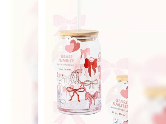 Lot 96-178125 - Cute Pink and Red Bow Glass Tumbler with Bamboo Top New