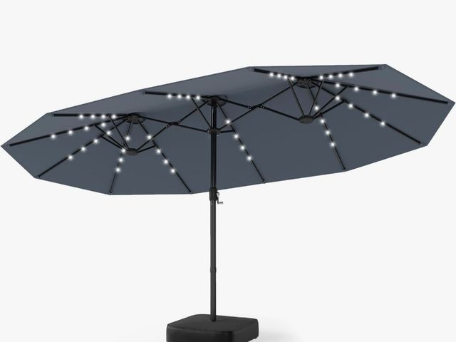 Lot 96-226913 - 15 FT Double-Sided Patio Umbrella, Outdoor Twin Umbrella with Base, 12 Reinforced Ribs &amp; 48 Sola...