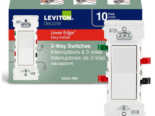Lot 96-162378 - Leviton Decora Lever Edge 15 Amp
120/277 Volt 3-Way Switch, White (10-Pack) E5603-MW

New