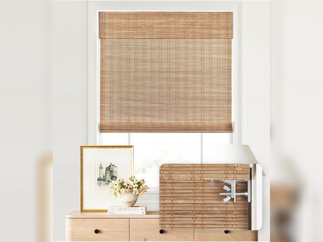 Lot 96-227630 - LazBlinds No Tools No Drill Cordless Bamboo Roman Shades, Light Filtering Window Treatment, Roll Up ...