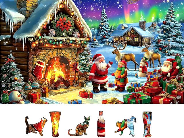 Lot 96-188265 - Christmas 500 Piece Jigsaw Puzzles for Adults Northern Lights Cabin Puzzle Santa Reindeer Scene Wint...