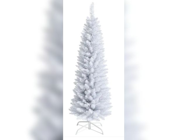 Lot 96-192236 - Unlit Slim Pencil Artificial Christmas Tree with Metal Stand White
Exact height unknown 
Used
