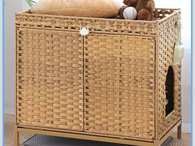 Lot 96-180517 - Cat Litter Box Enclosure; Cat Litter Box Enclosure Furniture with Cat Litter Mat;Handwoven Rattan Ca...