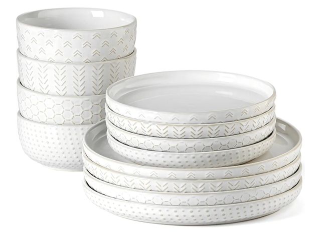 Lot 96-169552 - Stoneware Dinnerware Sets Service for 4, 12 pcs Reactive Glaze Plates and Bowls Sets, Embossed Boho ...