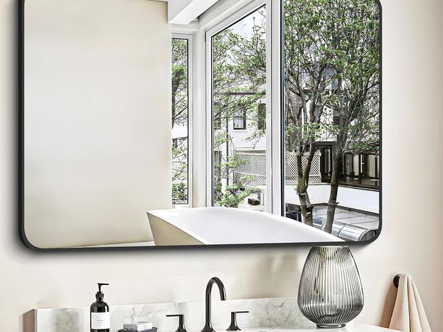 Lot 96-181458 - FORBATH Bathroom Mirror 30" X 40", Large Rectangular Wall Mirror, Black Metal Framed Rounded Corner ...