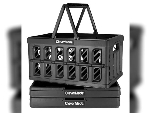 Lot 96-166046 - CleverMade Collapsible Shopping Basket, Obsidian, 3PK - 24L (6 Gal) Reusable Plastic Grocery Shoppin...