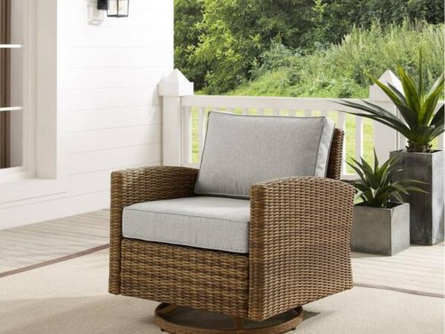 Lot 96-150378 - CROSLEY FURNITURE
Bradenton Weathered Brown Wicker Outdoor Rocking Chair with Gray Cushions
New 
Msr...