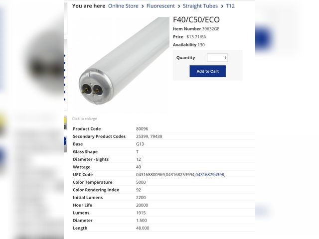 Lot 96-176539 - Box of 6 Fluorescent Light Tubes, see stock photo for details New