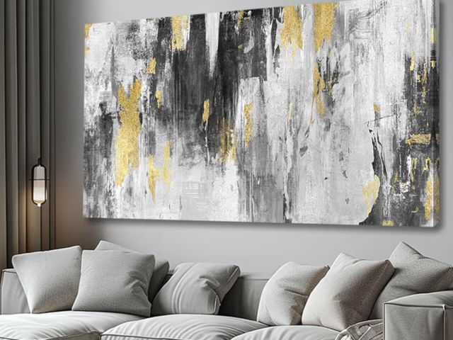 Lot 96-196551 - SOUGUAN Canvas Wall Art Gold Abstract Art Living Room Decor 30"x 60" Black and Grey Artwork Office D...