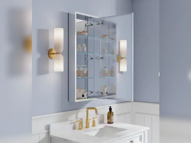 Lot 96-198792 - ROSA 16 in. W x 36 in. H Rectangular Aluminum Tri-View Medicine Cabinet with Mirror, Blum Hinge, Adj...