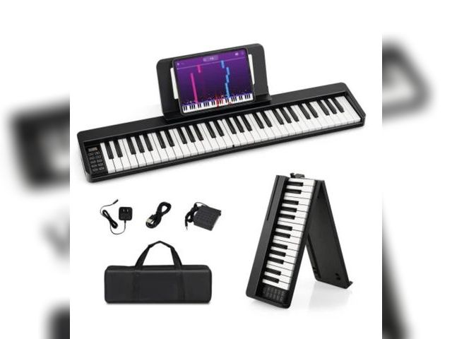 Lot 96-232602 - Costway 61-Key Folding Piano Keyboard with Full Size Keys and Music Stand-Black New