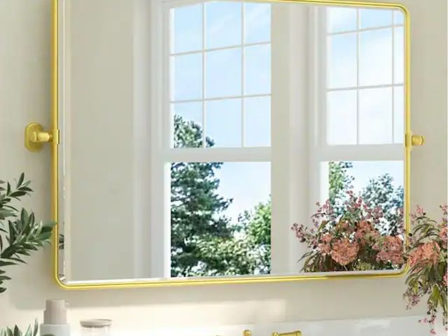 Lot 96-166371 - KeonJinn
40 in. W x 30 in. H Rectangular Framed Tilt Wall Bathroom Vanity Mirror in Gold Pivot Alumi...