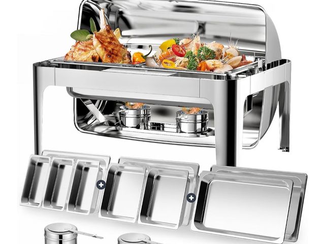 Lot 96-233229 - 13QT Roll Top Chafing Dishes for Buffet: Chafers and Buffet Warmers Sets Come with 1 Full Size, 2 Ha...