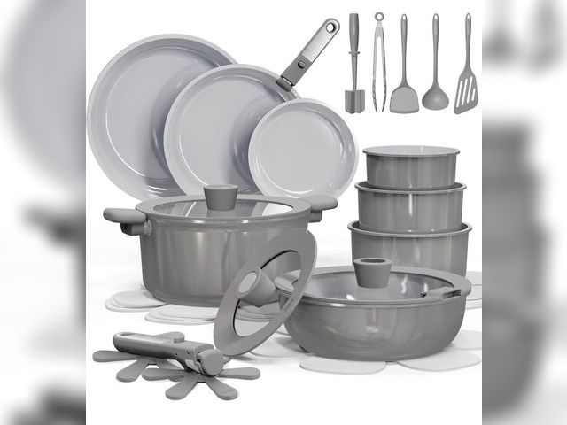 Lot 96-210001 - CAROTE 27pcs Ceramic Cookware Set Nonstick, Pots and Pans Set Non Stick, Non Toxic Cookware Detachab...