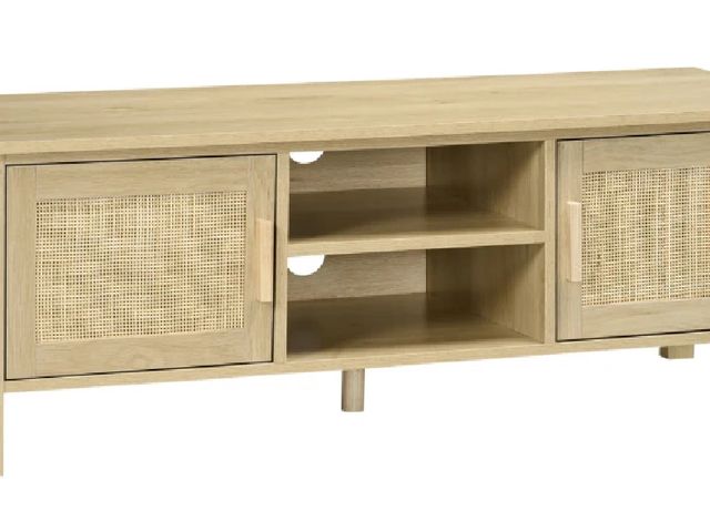 Lot 96-161732 - HOMCOM Boho TV Stand for 60 Inch Television, Entertainment Center with Rattan Door, Adjustable Shelf...