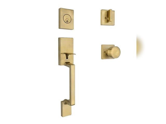 Lot 96-179876 - Home Decorators Collection
Bleecker Brushed Gold Door Handleset with Ridgeway Interior Knob MSRP $11...