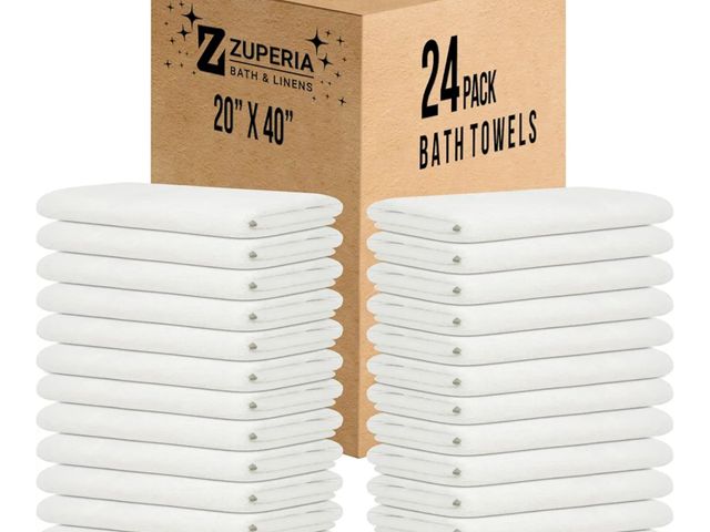 Lot 96-176014 - ZUPERIA White Bath Towels Bulk 24 Pack (20 x 40 Inches) - 100% Cotton Economy Light Weight Towels fo...