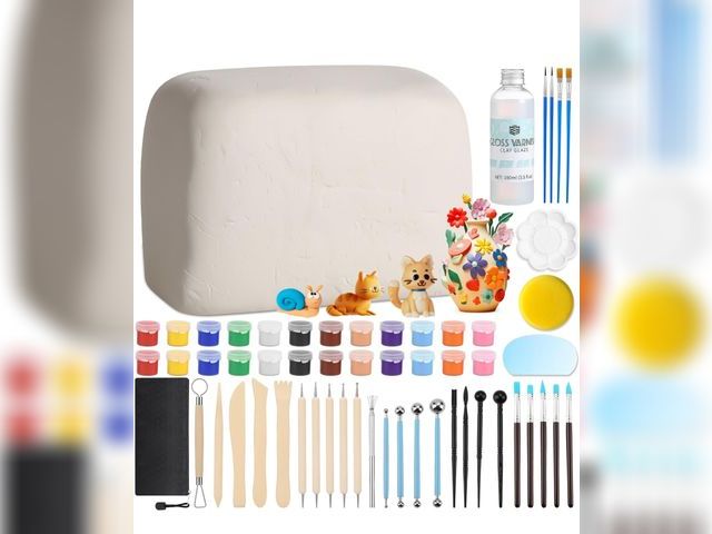 Lot 96-191522 - Natural Air-Dry Clay, 8 LBs Pottery Clay with 100ML Glaze Gloss Clay Varnish Protects and 27 PCS Pot...