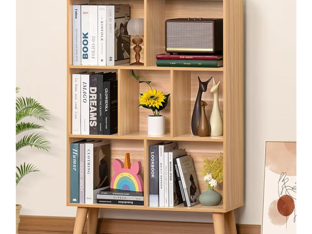Lot 96-177444 - LEYAOYAO Wooden 7 Cube Book Shelf, Natural 3 Tier Bookshelf with Legs, Modern Open Storage Organizer...