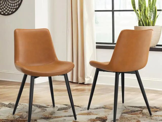 Lot 96-211847 - Set of 2 Alary Caramel Brown Faux Leather Side Chair Modern Dining Chair with Black Iron Legs
Open b...
