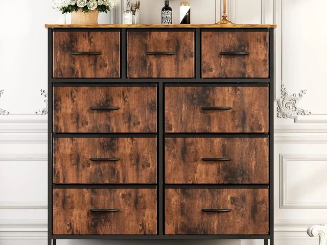 Lot 96-181302 - Rust Brown 9 Storage Drawer Dresser Bedroom Wood Dresser Fabric Storage Tower New
